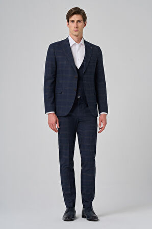  Erkek Lacivert Poliviskon Trend Yelekli Ekoseli Slim Fit Sivri Yaka Takım Elbise