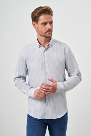  Erkek Gri Pamuk Baskılı Desenli Düğmeli Yaka Slim Fit Gömlek
