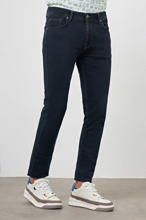 Erkek Lacivert - Kahve Denim 5 Cep Slim Fit Jean Kot Pantolon