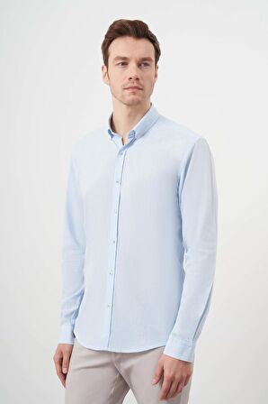  Erkek A. MAVİ Pamuk Ekoseli Düğmeli Yaka Slim Fit Gömlek