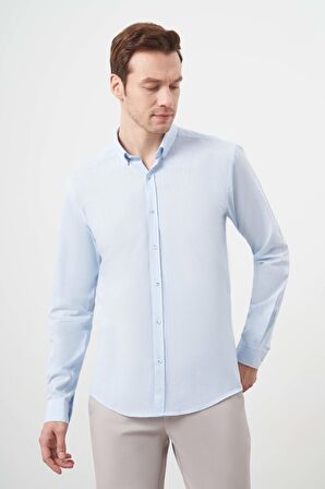  Erkek A. MAVİ Pamuk Ekoseli Düğmeli Yaka Slim Fit Gömlek