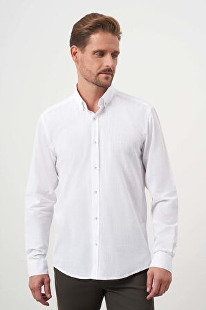  Erkek Beyaz Pamuk Ekoseli Düğmeli Yaka Slim Fit Gömlek