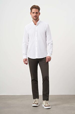  Erkek Beyaz Pamuk Ekoseli Düğmeli Yaka Slim Fit Gömlek