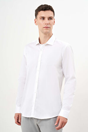  Erkek Beyaz Pamuk Baskılı Desenli  İtalyan Yaka Slim Fit Gömlek