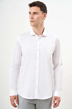  Erkek Beyaz Pamuk Baskılı Desenli  İtalyan Yaka Slim Fit Gömlek