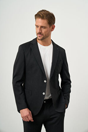  Erkek Siyah Poliviskon Trend Çizgili Desen Slim Fit Mono Yaka Takım Elbise