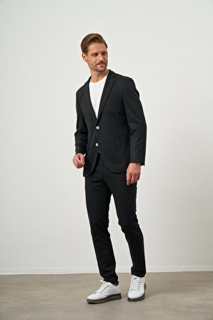  Erkek Siyah Poliviskon Trend Çizgili Desen Slim Fit Mono Yaka Takım Elbise