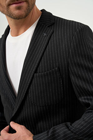  Erkek Siyah Poliviskon Trend Çizgili Desen Slim Fit Mono Yaka Takım Elbise