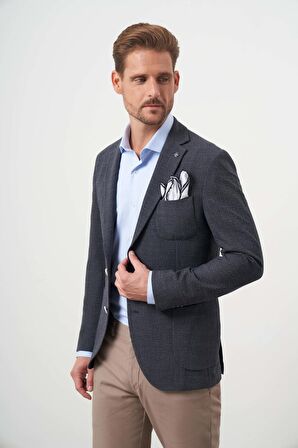  Erkek Siyah Dokuma Gofre Slim Fit Torba Cep Mono Yaka Spor Ceket