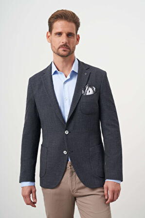  Erkek Siyah Dokuma Gofre Slim Fit Torba Cep Mono Yaka Spor Ceket