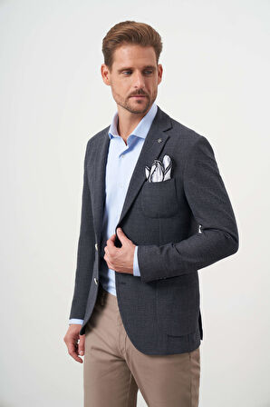  Erkek Siyah Dokuma Gofre Slim Fit Torba Cep Mono Yaka Spor Ceket