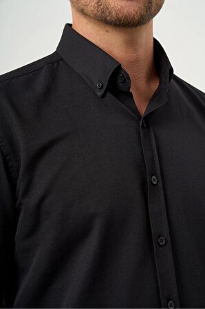  Erkek Siyah Slim Fit Düğmeli Yaka Gömlek