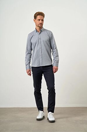  Erkek Gri Slim Fit Düğmeli Yaka Gömlek