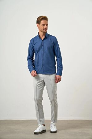  Erkek Lacivert Slim Fit Düğmeli Yaka Gömlek