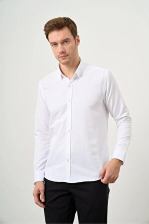  Erkek Beyaz Slim Fit Düğmeli Yaka Gömlek