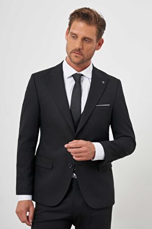  Erkek Siyah Poliviskon Basic Yelekli Jakar Desen Slim Fit Sivri Yaka Takım Elbise