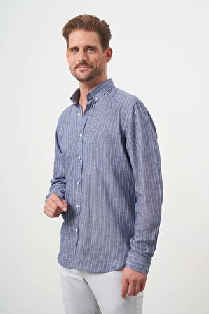  Erkek Lacivert Keten Çizgili Düğmeli Yaka Regular Fit Gömlek
