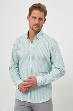  Erkek Su Yeşili Pamuk Çizgili-Panolu İtalyan Yaka Regular Fit Gömlek