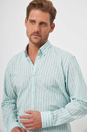  Erkek Su Yeşili Pamuk Çizgili-Panolu İtalyan Yaka Regular Fit Gömlek