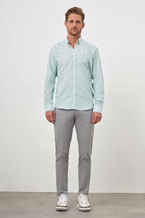  Erkek Su Yeşili Pamuk Çizgili-Panolu İtalyan Yaka Regular Fit Gömlek