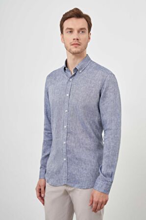  Erkek Lacivert Keten Düğmeli Yaka Regular Fit Gömlek