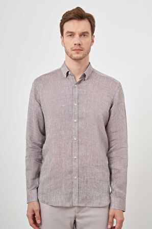 Erkek KAHVE Keten Düğmeli Yaka Regular Fit Gömlek