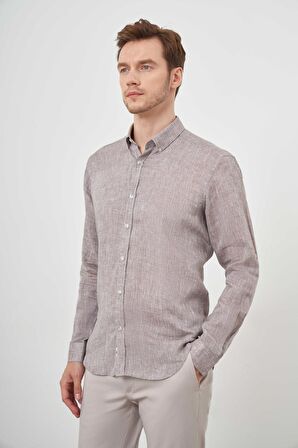  Erkek KAHVE Keten Düğmeli Yaka Regular Fit Gömlek