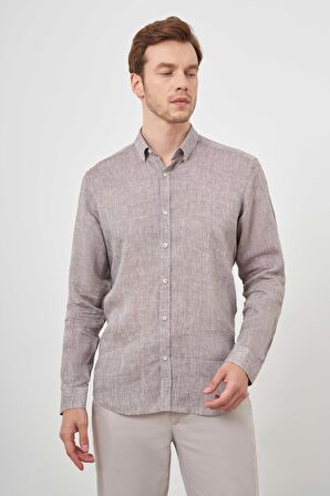 Erkek KAHVE Keten Düğmeli Yaka Regular Fit Gömlek