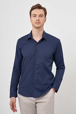  Erkek Lacivert Pamuk Düz Desen İtalyan Yaka Slim Fit  Gömlek