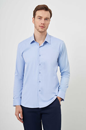  Erkek A. MAVİ Pamuk Düz Desen İtalyan Yaka Slim Fit  Gömlek