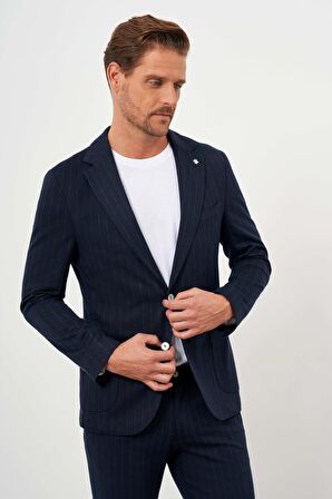  Erkek Lacivert Poliviskon Trend Çizgili Desen Slim Fit Mono Yaka Takım Elbise