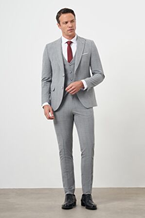  Erkek Gri Poliviskon Trend Yelekli Ekoseli Slim Fit  Sivri Yaka Takım Elbise