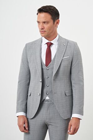  Erkek Gri Poliviskon Trend Yelekli Ekoseli Slim Fit  Sivri Yaka Takım Elbise