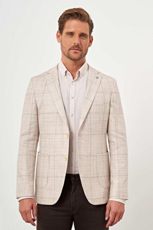  Erkek Bej Dokuma Slim Fit Torba Cep Mono Yaka Spor Ceket