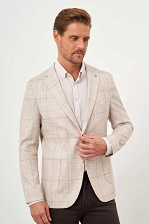  Erkek Bej Dokuma Slim Fit Torba Cep Mono Yaka Spor Ceket