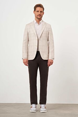  Erkek Bej Dokuma Slim Fit Torba Cep Mono Yaka Spor Ceket