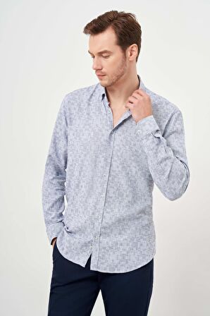  Erkek Lacivert Keten Desenli Düğmeli Yaka Regular Fit Gömlek