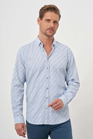  Erkek A. MAVİ Keten Desenli Düğmeli Yaka Regular Fit Gömlek