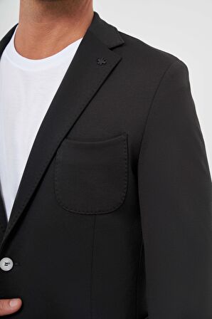  Erkek Siyah Poliviskon Trend Desenli Slim Fit Mono Yaka Takım Elbise