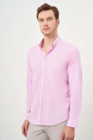  Erkek Pembe Keten Düz Desen Düğmeli Yaka Slim Fit Gömlek