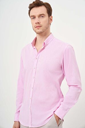  Erkek Pembe Keten Düz Desen Düğmeli Yaka Slim Fit Gömlek