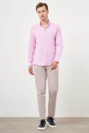  Erkek Pembe Keten Düz Desen Düğmeli Yaka Slim Fit Gömlek