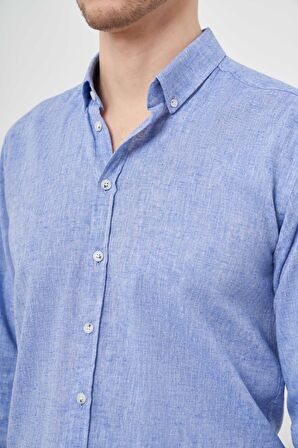  Erkek Lacivert Keten Düz Desen Düğmeli Yaka Slim Fit Gömlek