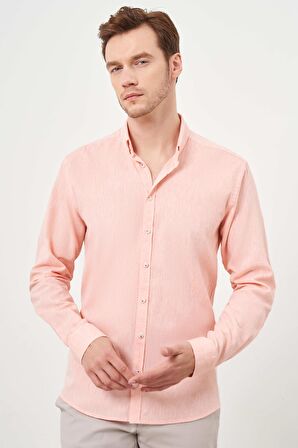  Erkek Turuncu Keten Düz Desen Düğmeli Yaka Slim Fit Gömlek
