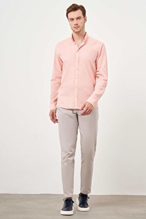  Erkek Turuncu Keten Düz Desen Düğmeli Yaka Slim Fit Gömlek