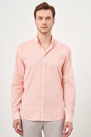  Erkek Turuncu Keten Düz Desen Düğmeli Yaka Slim Fit Gömlek