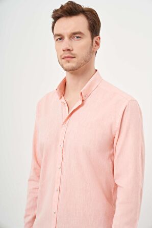  Erkek Turuncu Keten Düz Desen Düğmeli Yaka Slim Fit Gömlek