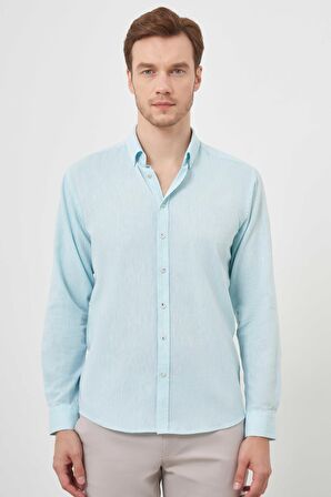  Erkek Su Yeşili Keten Düz Desen Düğmeli Yaka Slim Fit Gömlek