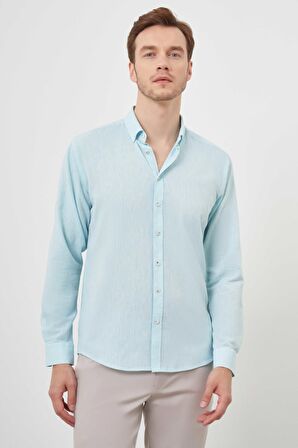  Erkek Su Yeşili Keten Düz Desen Düğmeli Yaka Slim Fit Gömlek