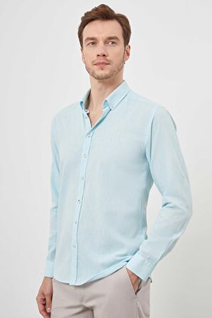  Erkek Su Yeşili Keten Düz Desen Düğmeli Yaka Slim Fit Gömlek
